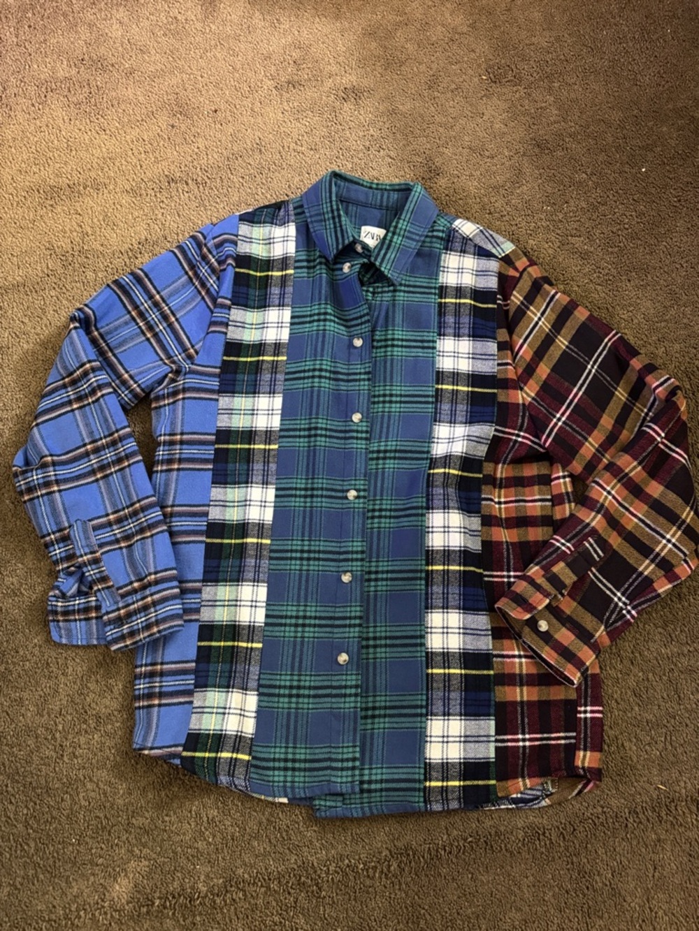 Zara Patchwork Plaid Button-Down Shirt - Blue/Green/Red/Brown